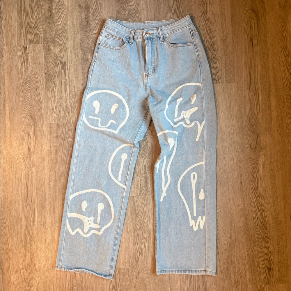 SHEIN Light Blue Denim Jeans with smiley faces